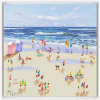 bright seascape painting by artist paola cassais with blue skies, two beach huts and characters playing on the beach
