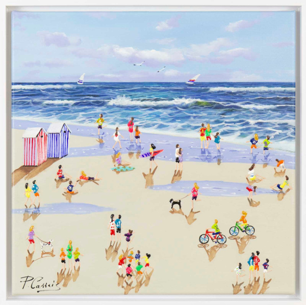 bright seascape painting by artist paola cassais with blue skies, two beach huts and characters playing on the beach