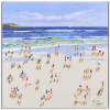 bright seascape painting by artist paola cassais with blue skies and characters playing on the beach
