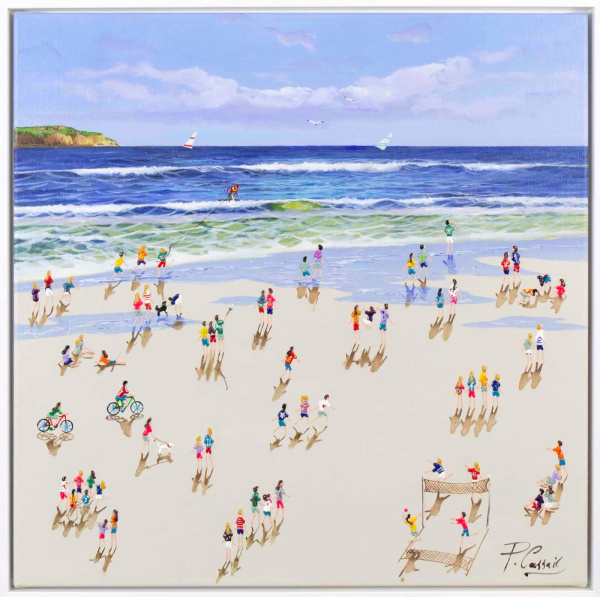 bright seascape painting by artist paola cassais with blue skies and characters playing on the beach