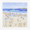 bright seascape painting by artist paola cassais with blue skies and characters playing on the beach