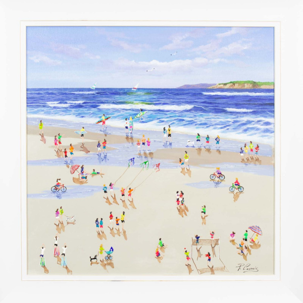 bright seascape painting by artist paola cassais with blue skies and characters playing on the beach