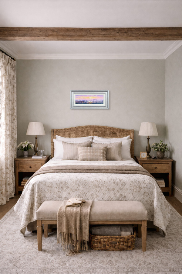 Morning Haze, Tower Bridge by Andrew Grant Kurtis, original painting, in room