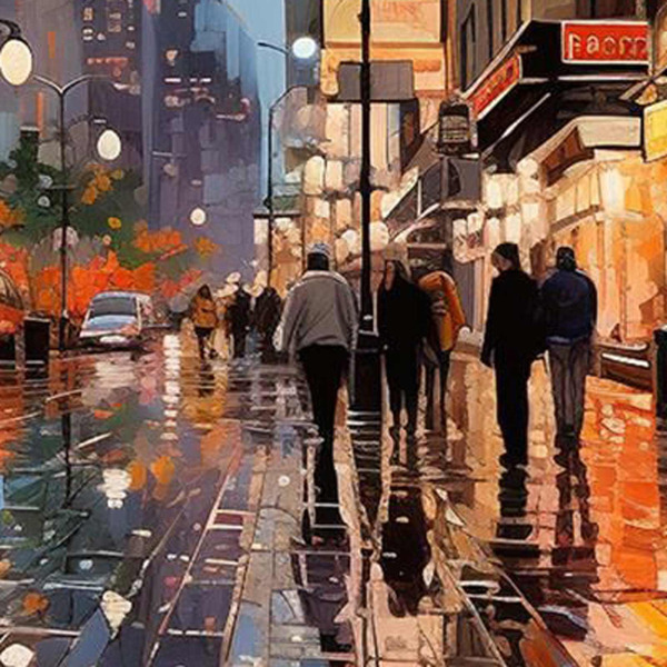 Downtown Reflections by Leander, limited edition print, detail