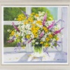 Original oil painting featuring a flower bouquet in pink and yellow tones sitting on a windowsill by European artist Gerhard Nesvadba