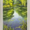 Original oil painting featuring a lush river view on a forest setting and a water body and pond lilies floating by European artist Gerhard Nesvadba