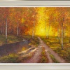 Original oil painting featuring a lush forest landscape scene in red tones with a water body on the left hand side of the path by European artist Gerhard Nesvadba