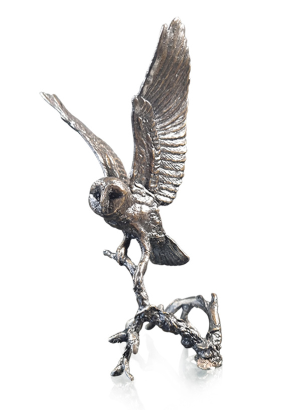 barn owl with pinecones bronze sculpture by keith sherwin