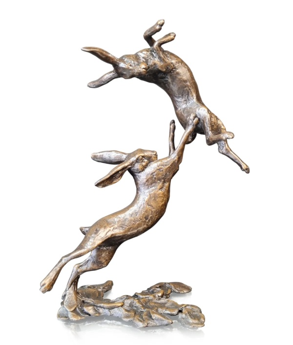 small hares boxing bronze sculpture