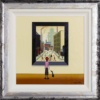 Original painting featuring a woman in the museum with her dog gazing over a Lowry painting by talented British artist Chris Chapman