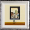 Original acrylic featuring a young man in a museum with his dog contemplating an artwork by Lowry created by British artist Chris Chapman
