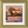Original oil painting featuring farm cottages with some hens and chickens on an atmospheric red sky pink snowy day whilst the chimney is smoking over the horizon by talented British artist Edward Hersey