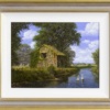 Original oil painting featuring a farm cottage on the Dales next to a river with some swans swimming and some hens and chickens on a Summer day by talented British artist Edward Hersey