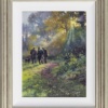 Original oil painting featuring a gathering of ramblers walking in the countryside in West Sussex with their dog on a misty morning by talented British artist Stephen Hawkins