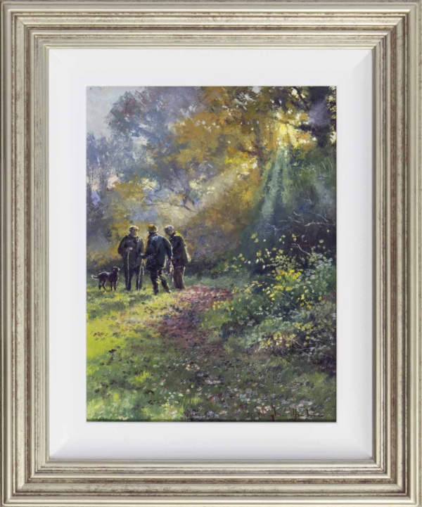 Original oil painting featuring a gathering of ramblers walking in the countryside in West Sussex with their dog on a misty morning by talented British artist Stephen Hawkins