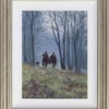Original oil painting featuring a group of friends walking on a misty day in the countryside crossing a tree avenue inspired in the West Sussex area by talented British artist Stephen Hawkins