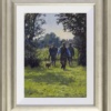 Original oil painting featuring a gathering of ramblers walking on a sunny day in the countryside inspired in the West Sussex area with their dog by talented British artist Stephen Hawkins