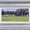 Original oil painting featuring a cricket match scene on a sunny day in a lovely setting with a background forest scene by talented British artist Stephen Hawkins