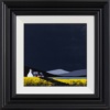 Original acrylic painting featuring a crofter Scottish cottage next to a lake in a mellow yellow ground and deep dark sky by talented British artist Jay Nottingham