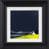 Original acrylic painting featuring a crofter Scottish cottage next to a lake with a bright lime green ground and deep dark sky by talented British artist Jay Nottingham