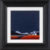 Original acrylic painting featuring a crofter Scottish cottage next to a lake with a mountain range behind it on a bright red poppy field and deep dark sky by talented British artist Jay Nottingham