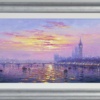 Original oil painting featuring Westminster Abbey and Westminster Bridge in London on a burning sky sunrise in pink orange and violet tons by talented British artist Andrew Grant Kurtis