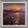 Original oil painting featuring body of water with a lovely mountain range view in the horizon at sunrise with a burning orange sky warming up the surface of the lake creating mist and atmosphere by talented British artist Andrew Grant Kurtis