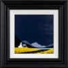 Original Acrylic painting featuring a croft Scottish cottage next to a lake with a mountain range behind and a very dark blue sky in the background on a corn field by talented British artist Jay Nottingham