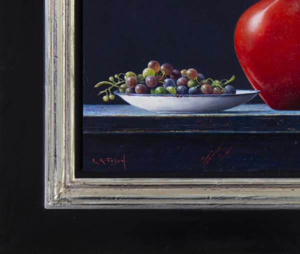 Grapes With Red Pot Still Life by Lion Feijen, original painting, detail