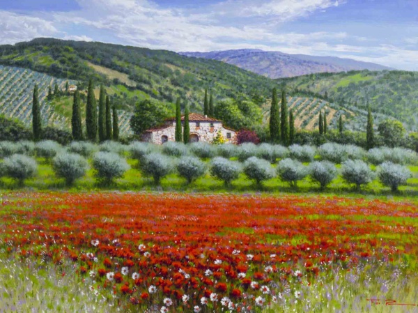 May Poppy Fields, Tuscany by Raffaele Fiore, original painting