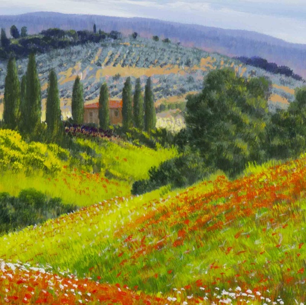 Poppy Fields & Cypresses by Raffaele Fiore, original painting