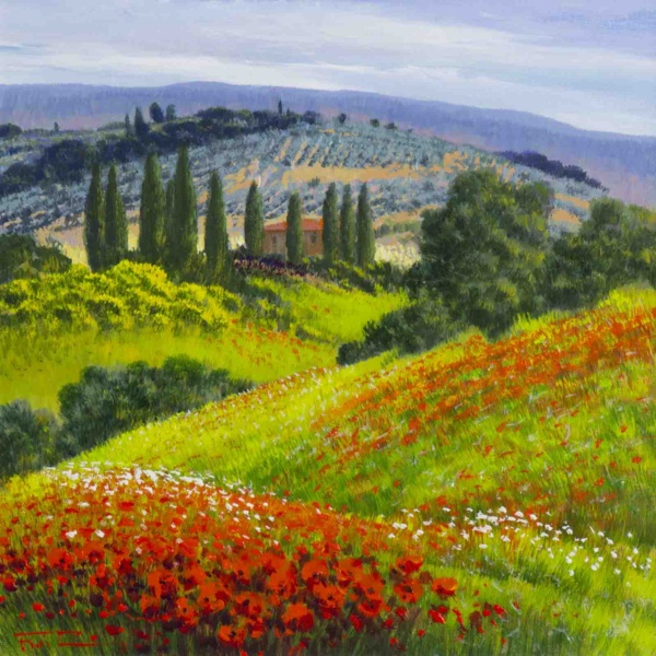 Poppy Fields & Cypresses by Raffaele Fiore, original painting