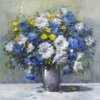 Original oil painting featuring a stunning blue, white and yellow bouquet on a silver vase in an impressionistic style by our talented Gerhard Nesvadba