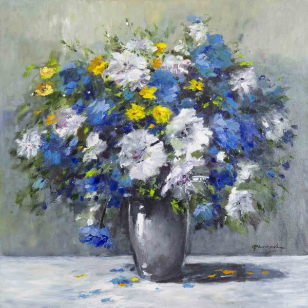 Original oil painting featuring a stunning blue, white and yellow bouquet on a silver vase in an impressionistic style by our talented Gerhard Nesvadba