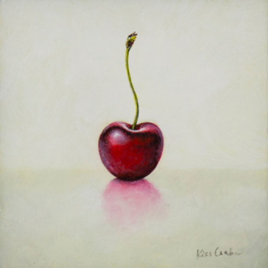 original oil on panel painting featuring a cherry against a cream background by talented Hungarian artist Kiss Csaba