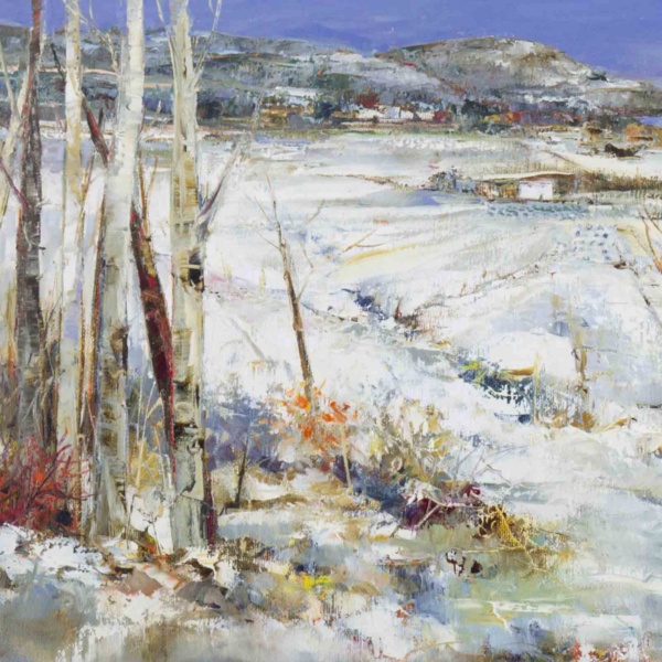 Silver Birches, Winter by Mario Malfer, original painting, detail