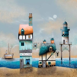 limited edition print featuring a coastal landscape with buildings and boats captured in soothing orange and blue tones