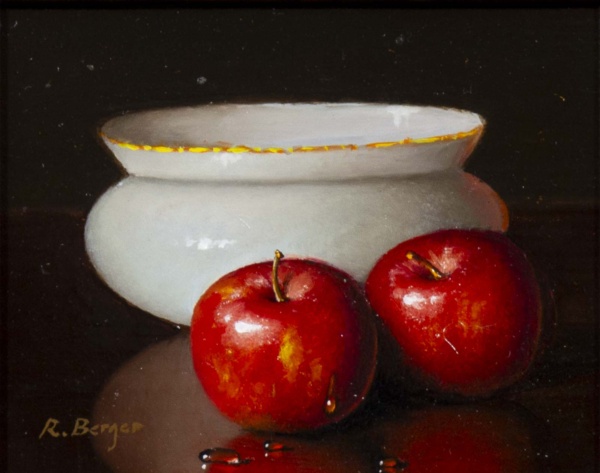 Two Red Apples & Bowl by Ronald Berger, original painting