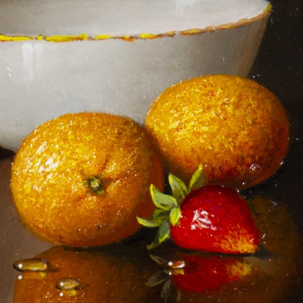 Oranges & Strawberry With Bowl by Ronald Berger, original painting, detail