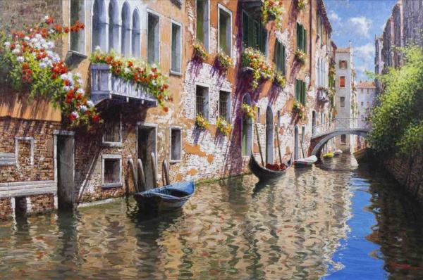 Pause For Lunch, Venice by Raffaele Fiore, original painting