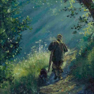 original oil on board painting featuring a countryside landscape scene with a hunter and his dog walking down a path captured in green and blue tones by talented British artist Stephen Hawkins