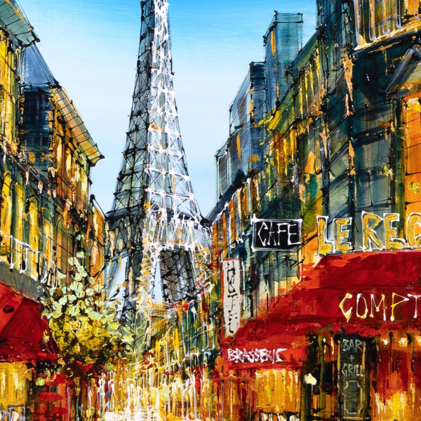 Paris Café Lights by Simon Wright, original painting, detail