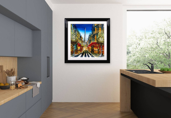 Paris Café Lights by Simon Wright, original painting, in room