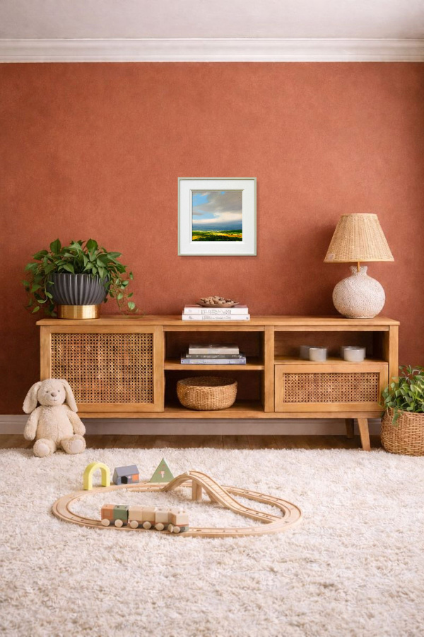 Blue Sky Breaks by Harry Brioche, original painting, in room