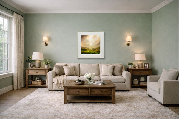 Illuminated Hills by Harry Brioche, original painting, in room
