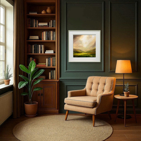 Illuminated Hills by Harry Brioche, original painting, in room