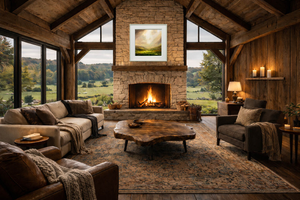 Illuminated Hills by Harry Brioche, original painting, in room