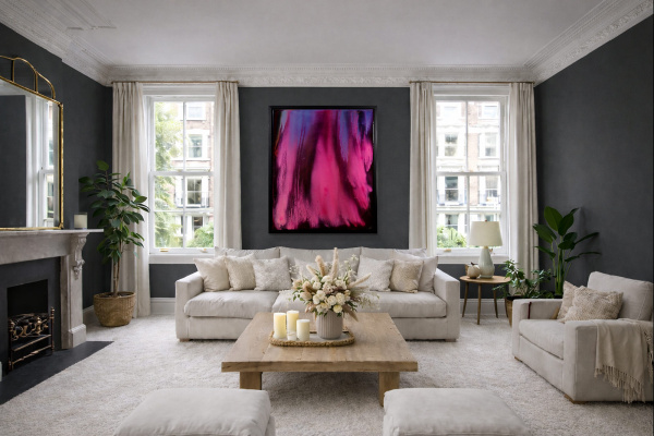 Pink Aurora by Ana Ortiz, original painting, in room