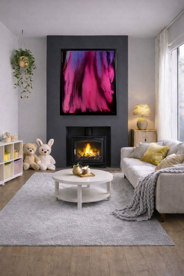 Pink Aurora by Ana Ortiz, original painting, in room