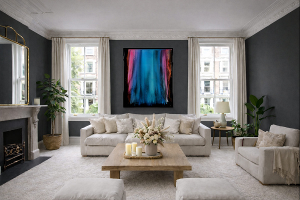Aurora Waterfall by Ana Ortiz, original painting, in room
